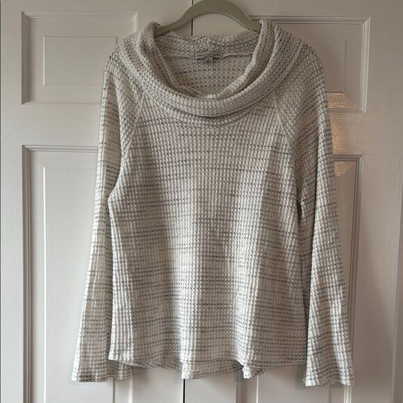 GREEN ENVELOPE WAFFLE KNIT TOP COWEL NECK WHITE GRAY RAGLAN SLEEVES SIZE LARGE - Picture 1 of 7